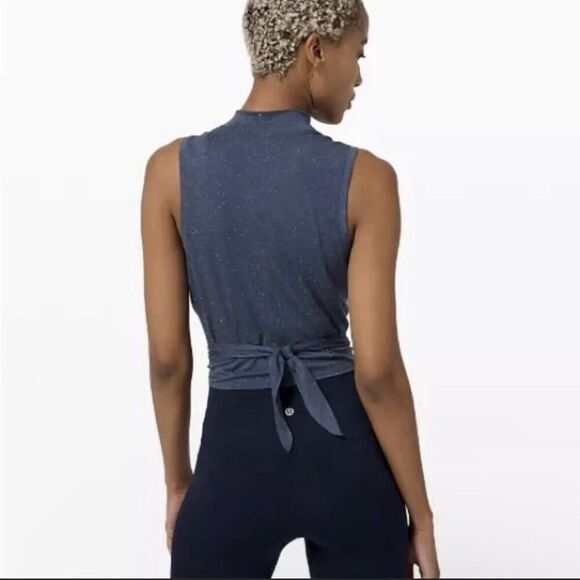 Lululemon Top Size 2 Blue Tie Back Wrap Around Mock Neck Tank Time To Restore - Picture 11 of 11